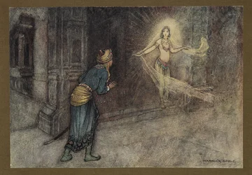 Planche 13: "Il vit une belle femme sortir du palais", de Folk-Tales of Bengal ... Avec 32 illustrations en couleur par Warwick Goble (Édition de luxe) 1914