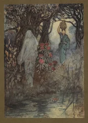 "La femme du Brahmane devait aller au réservoir, et en y allant, elle fut frôlée par une Sankchinni", de Folk-Tales of Bengal ... Avec 32 illustrations en couleur par Warwick Goble (Edition de luxe)
