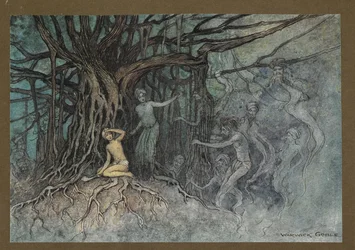 "Au moment où le premier coup fut donné, de nombreux fantômes se précipitèrent vers le Brahmane", de "Folk-Tales of Bengal ... Avec 32 illustrations en couleur par Warwick Goble (Edition de luxe)
