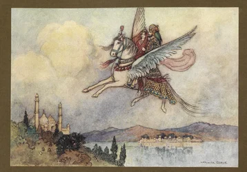 Planche 20: "La dame, le roi et Hiraman ont tous atteint la capitale du roi sains et saufs", de Contes populaires du Bengale ... Avec 32 illustrations en couleur par Warwick Goble (Édition de luxe.)