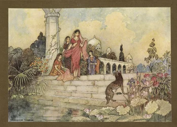 Planche 23: "Le chacal ... a ouvert son paquet de feuilles de bétel, en a mis dans sa bouche et a commencé à les mâcher", de Contes populaires du Bengale... Avec 32 illustrations en couleur par Warwick Goble (Édition de luxe.)