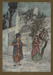 "Le prince ressuscita, et en se promenant, il vit une figure humaine près de la porte", de Folk-Tales of Bengal... Avec 32 illustrations en couleur par Warwick Goble