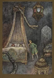 "Il sortit de sa cachette et tua le serpent", de Folk-Tales of Bengal ... Avec 32 illustrations en couleur par Warwick Goble (Edition de luxe)