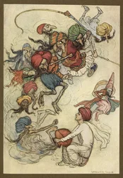 Planche 4: "Au lieu de friandises, une vingtaine de démons." Folk-Tales of Bengal ... Avec 32 illustrations en couleur par Warwick Goble (Édition de luxe)