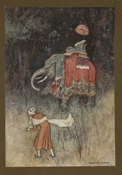 Planche 8: "Soudain, un éléphant richement caparaçonné traversa son chemin", de Folk-Tales of Bengal ... Avec 32 illustrations en couleur par Warwick Goble (Edition de luxe)