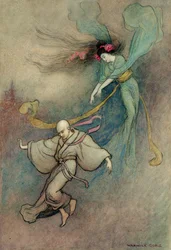 La cloche de Dojoji (plume et encre et aquarelle sur crayon sur papier posé sur carton)