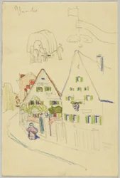 Ruelle avec maisons à toit en selle et chariot bâché, verso : Vue d