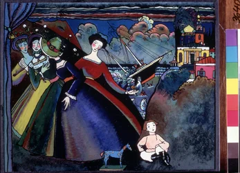 Jeunes femmes à quai, au loin un bateau semble faire naufrage. Peinture de Vassily Kandinsky