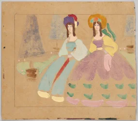 Deux dames en robes à panier devant des arbres taillés en pots (voir GMS 263) (GMS 620 est la moitié gauche)
