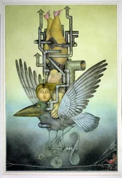 Une équilibriste sur un oiseau mécanique sur une corde raide (crayon et crayon de couleur sur papier)