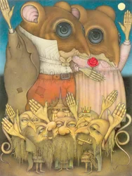 Couple de souris et nains faisant un signe de la main (crayon et crayon de couleur sur papier)