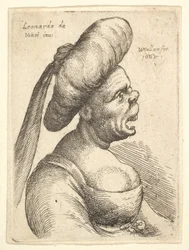 Buste de femme avec bouche grande ouverte et nez retroussé, portant un grand turban plat avec tissu..., 1665