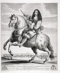 Portrait équestre de Charles II (1630-85) avec un paysage, publié c.1670