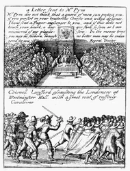 John Pym lisant une lettre à la Chambre des communes ; le colonel Thomas Lunsford et ses soldats attaquant les Londoniens
