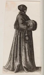 Femme vêtue de noir avec un masque, une coiffe et un manchon