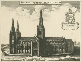 Cathédrale de Lichfield - Vue sud : gravure, 1672