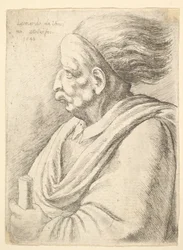 Homme aux traits caricaturaux et cheveux flottants, en demi-longueur à gauche