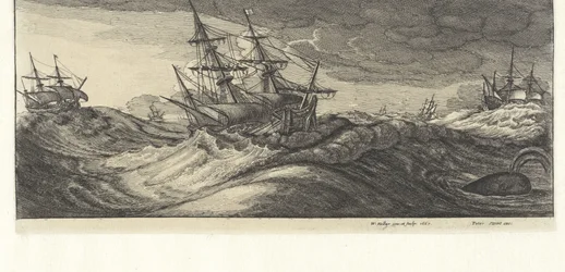 Navires de guerre et une baleine dans une tempête (Tempêtes en mer)