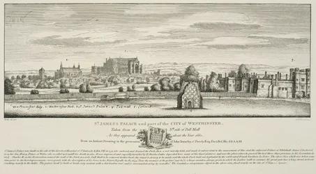 Palais St. James et une partie de la ville de Westminster du côté nord de Pall Mall en 1660, gravé par Richard Sawyer, publié en 1809