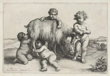 Quatre garçons, un satyre et une chèvre debout à droite, Putti et satyres (série)