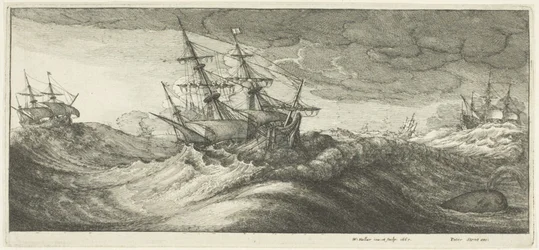Navires de guerre et une baleine jaillissante