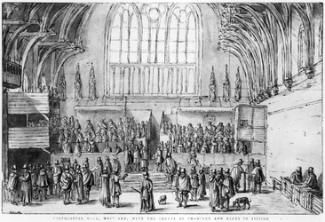 Westminster Hall, West End, avec les Cours de la Chancellerie et du Roi en Session
