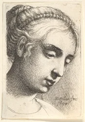 Femme avec une chaîne de perles dans les cheveux regardant vers le bas à droite, 1645