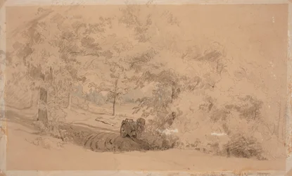 Paysage forestier avec cheval et charrette ; Paysage forestier, homme pêchant sur un pont enjambant un ruisseau (œuvre recto-verso)