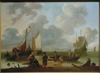Navires déchargeant sur la plage