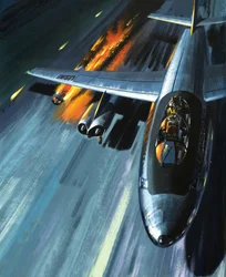 Cauchemar dans un bombardier en flammes, illustration tirée de "Men and Machines" (Hommes et machines)