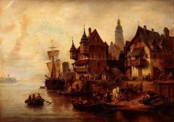 Scène de village au bord de l