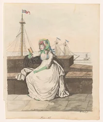 Femme lisant sur un quai, voiliers en arrière-plan