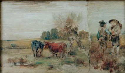 Double image : Vaches au pâturage, deux paysans en conversation