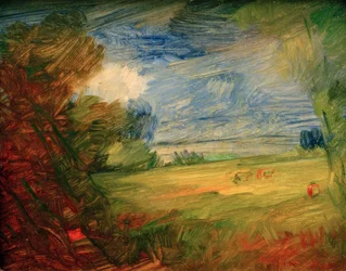 Paysage de prairies vallonnées avec figure rouge