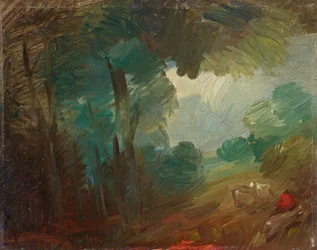 Paysage forestier avec vaches et paysans