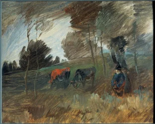Paysage de pâturage avec vache rouge