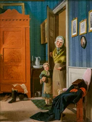 La visite de la mendiante et de son enfant (huile sur toile)