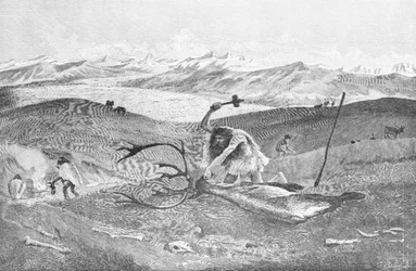 Préhistoire: chasse au renne dans un paysage morainique de la haute Souabe pendant la dernière période glaciaire; peint par W. Kranz d