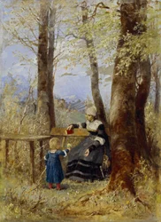 Mère avec enfant dans un paysage printanier