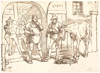 Le vieux cheval conduit à une forge romaine
