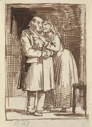 La femme flatteuse. Une femme parle intensément à son vieux mari et a les bras autour de son cou