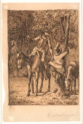 Avant le combat avec le chevalier au miroir, Don Quichotte aide Sancho Panza à monter dans un arbre