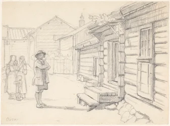 Rue à Orsa, Dalécarlie, avec deux femmes à gauche, un enfant et un homme