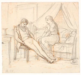 Intérieur avec jeune homme mélancolique et une fille sur un lit