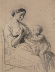 Italienne avec un enfant nu sur les genoux