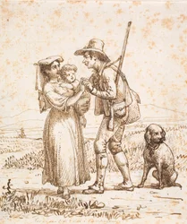Chasseur italien avec chien accueilli par sa femme et son enfant