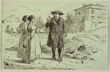 Scène italienne avec deux femmes et un prêtre