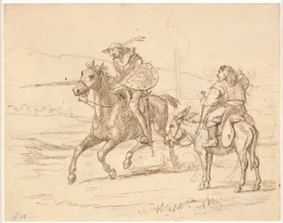 Tandis que Sancho regarde, Don Quichotte attaque