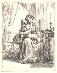 Mère avec enfant allaitant, à droite une bougie allumée