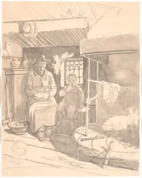 Ferme suédoise avec vieille femme et enfant